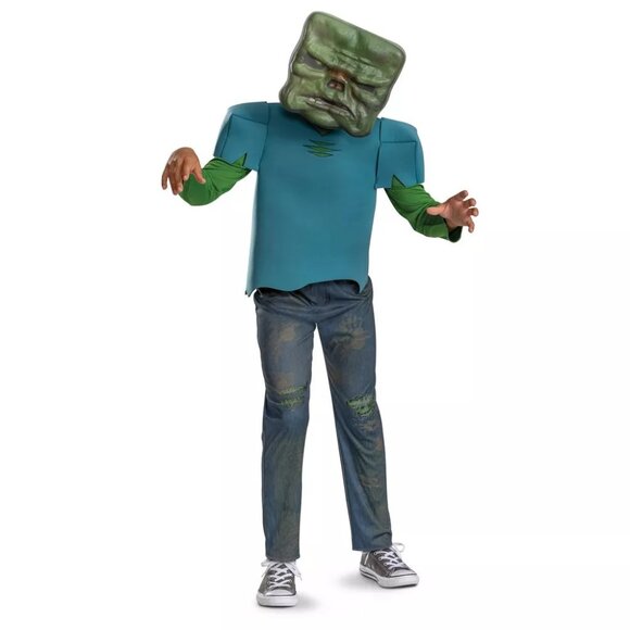 Boys Girls Minecraft Movie ZOMBIE Jumpsuit Costume Size S Med Lar Mask Glows NIP - Picture 1 of 3